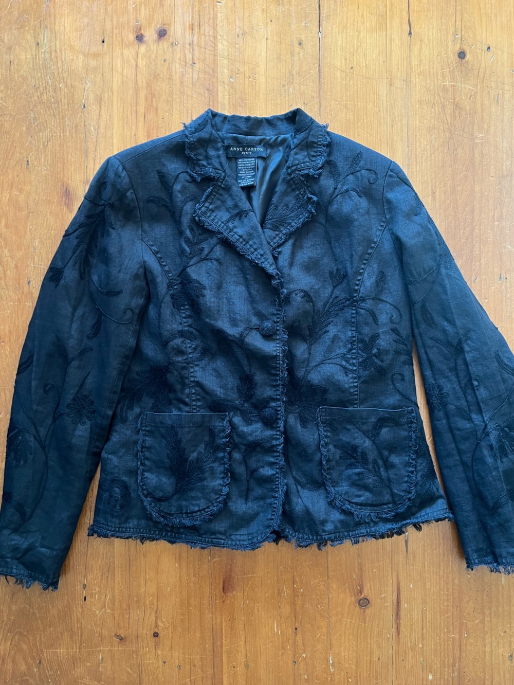 100% Linen Floral Embroidered Lined Black Petite Anne Carson Blazer